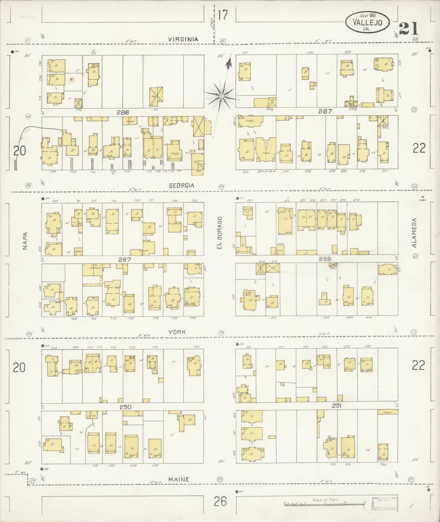 Sanborn Fire Insurance Map from Vallejo, Solano County, California (1901), Sheet #0021 - Complete Map Set gallery image, historic Sanborn map, vintage wall art, California California