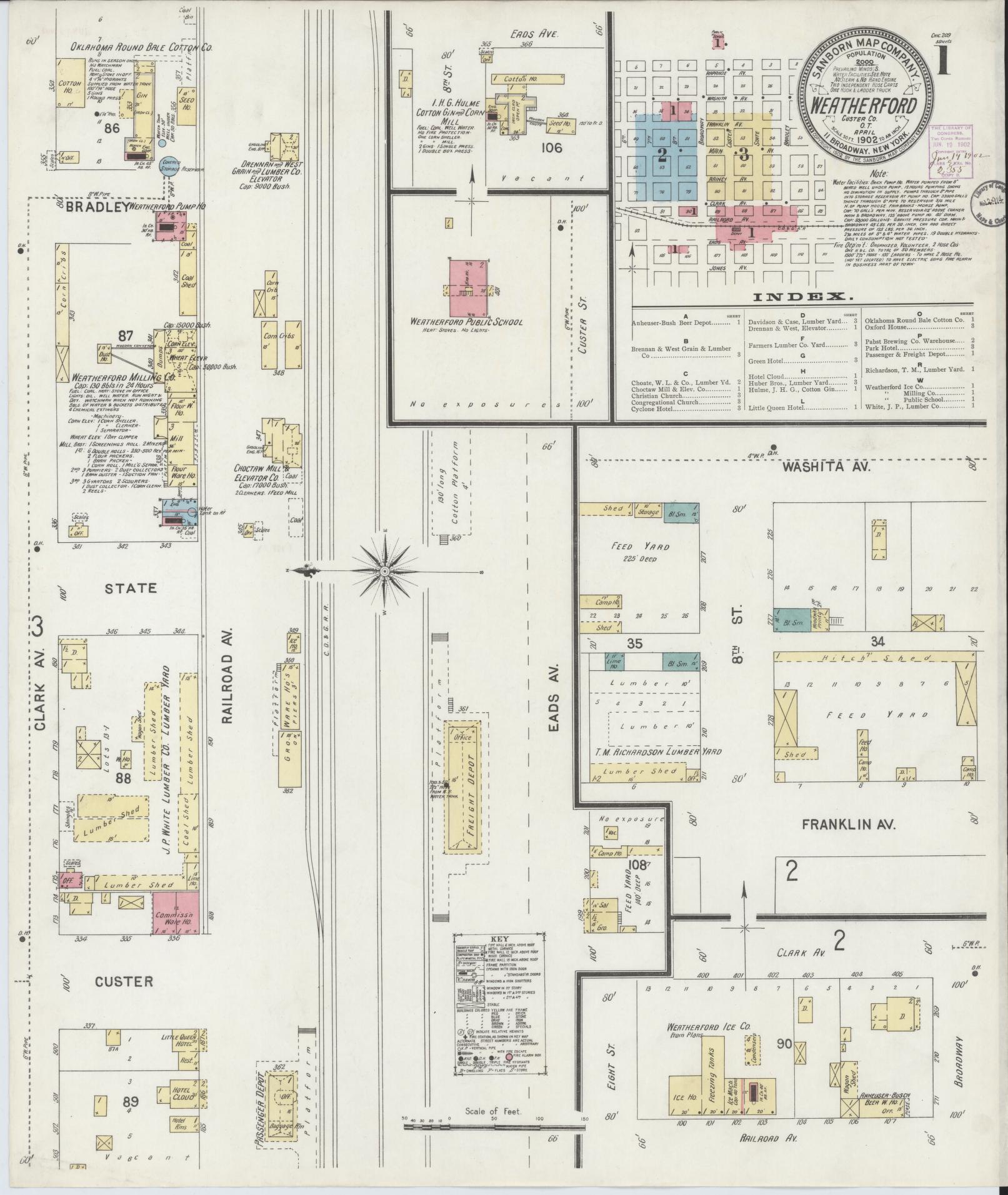 Sanborn Fire Insurance Map from Weatherford, Custer County, Oklahoma (1902), Sheet #0001 - Complete Map Set gallery image, historic Sanborn map, vintage wall art, Oklahoma Oklahoma