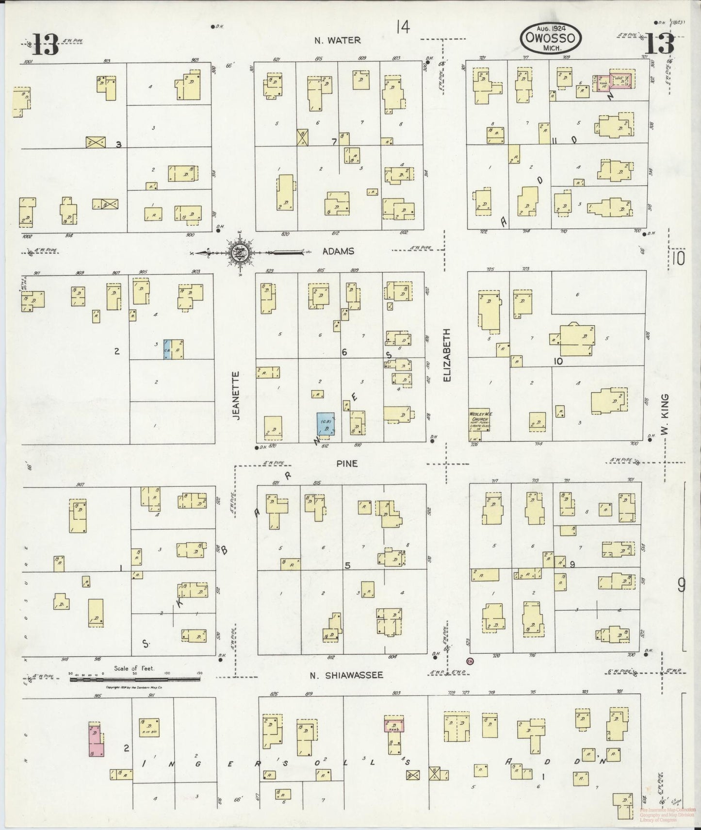 Sanborn Fire Insurance Map from Owosso, Shiawassee County, Michigan (1924), Sheet #0013 - Historic Sanborn Fire Insurance Map Print, vintage old map wall art, antique decor, genealogy gift, Michigan Michigan map