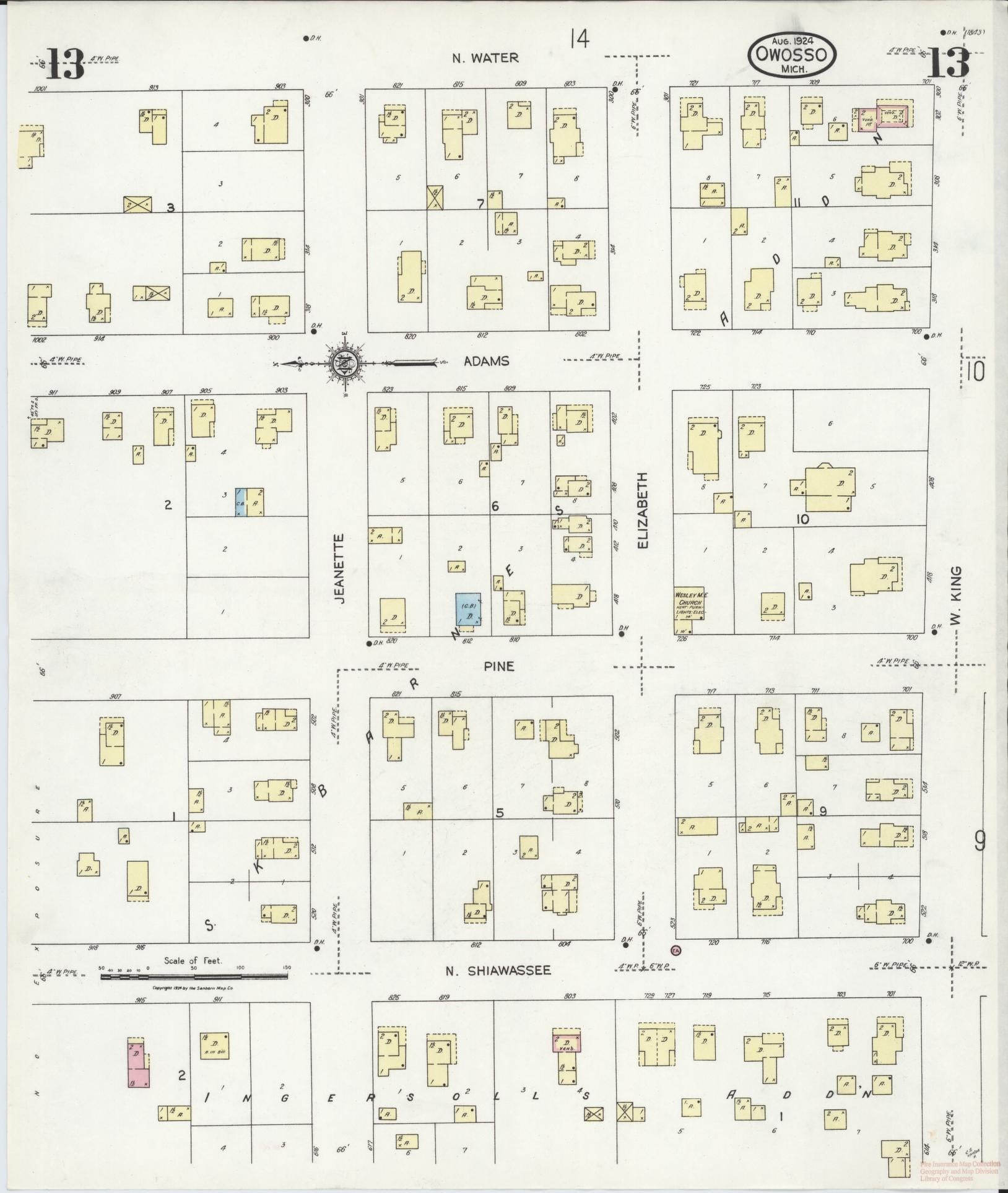 Sanborn Fire Insurance Map from Owosso, Shiawassee County, Michigan (1924), Sheet #0013 - Historic Sanborn Fire Insurance Map Print, vintage old map wall art, antique decor, genealogy gift, Michigan Michigan map