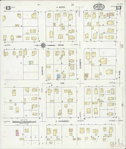 Sanborn Fire Insurance Map from Owosso, Shiawassee County, Michigan (1924), Sheet #0013 - Historic Sanborn Fire Insurance Map Print, vintage old map wall art, antique decor, genealogy gift, Michigan Michigan map