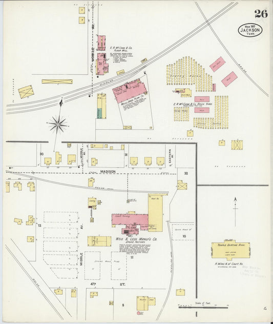 Sanborn Fire Insurance Map from Jackson, Madison County, Tennessee (1907), Sheet #0026 - Historic Sanborn Fire Insurance Map Print, vintage old map wall art, antique decor, genealogy gift, Tennessee Tennessee map