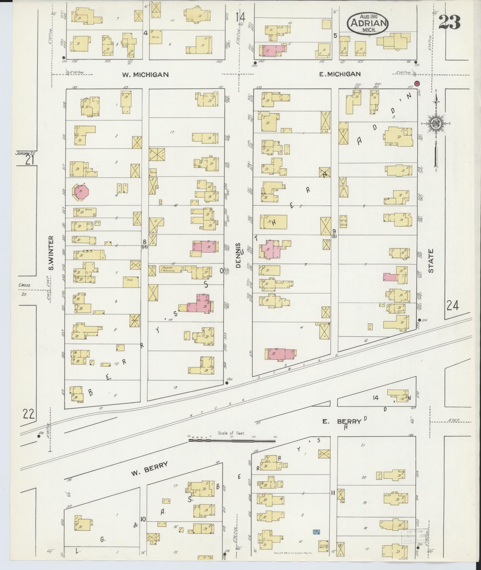 Sanborn Fire Insurance Map from Adrian, Lenawee County, Michigan (1916), Sheet #0023 - Historic Sanborn Fire Insurance Map Print, vintage old map wall art, antique decor, genealogy gift, Michigan Michigan map