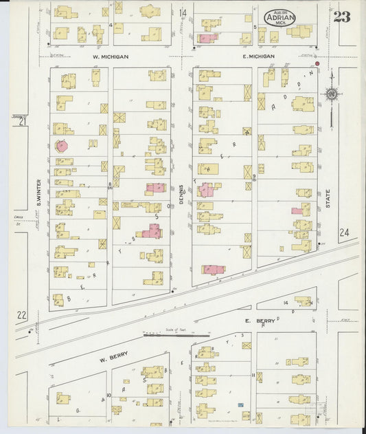 Sanborn Fire Insurance Map from Adrian, Lenawee County, Michigan (1916), Sheet #0023 - Historic Sanborn Fire Insurance Map Print, vintage old map wall art, antique decor, genealogy gift, Michigan Michigan map