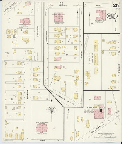 Sanborn Fire Insurance Map from Marion, Marion County, Ohio (1908), Sheet #0026 - Historic Sanborn Fire Insurance Map Print, vintage old map wall art, antique decor, genealogy gift, Ohio Ohio map