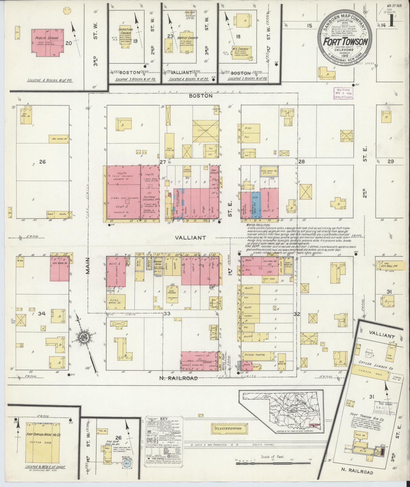 Sanborn Fire Insurance Map from Fort Towson, Choctaw County, Oklahoma (1916), Sheet #0001 - Complete Map Set gallery image, historic Sanborn map, vintage wall art, Oklahoma Oklahoma