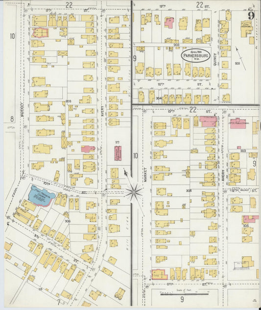 Sanborn Fire Insurance Map from Parkersburg, Wood County, West Virginia (1904), Sheet #0009 - Historic Sanborn Fire Insurance Map Print, vintage old map wall art, antique decor, genealogy gift, West Virginia West Virginia map