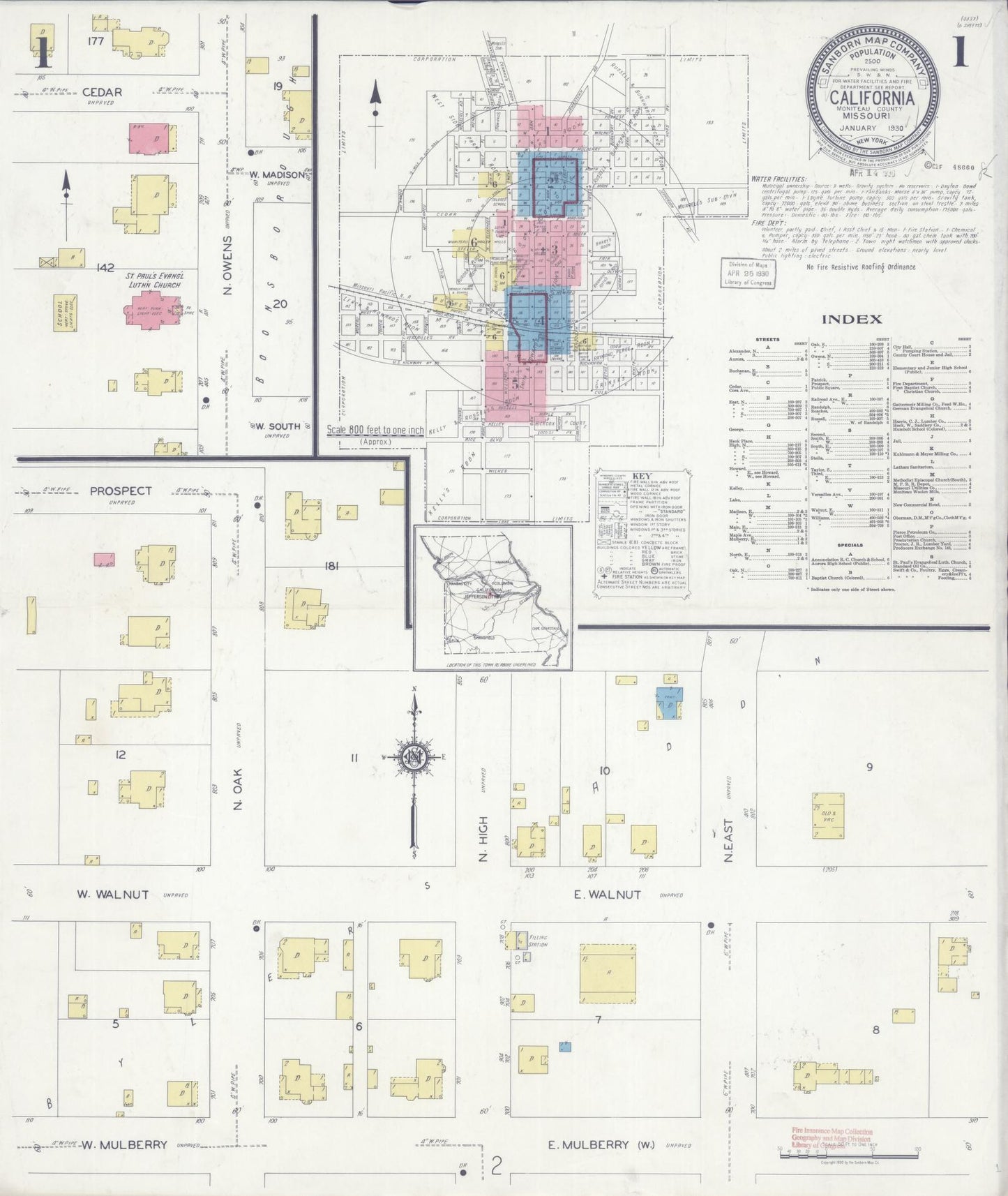 Sanborn Fire Insurance Map from California, Moniteau County, Missouri (1930), Sheet #0001 - Complete Map Set gallery image, historic Sanborn map, vintage wall art, California California