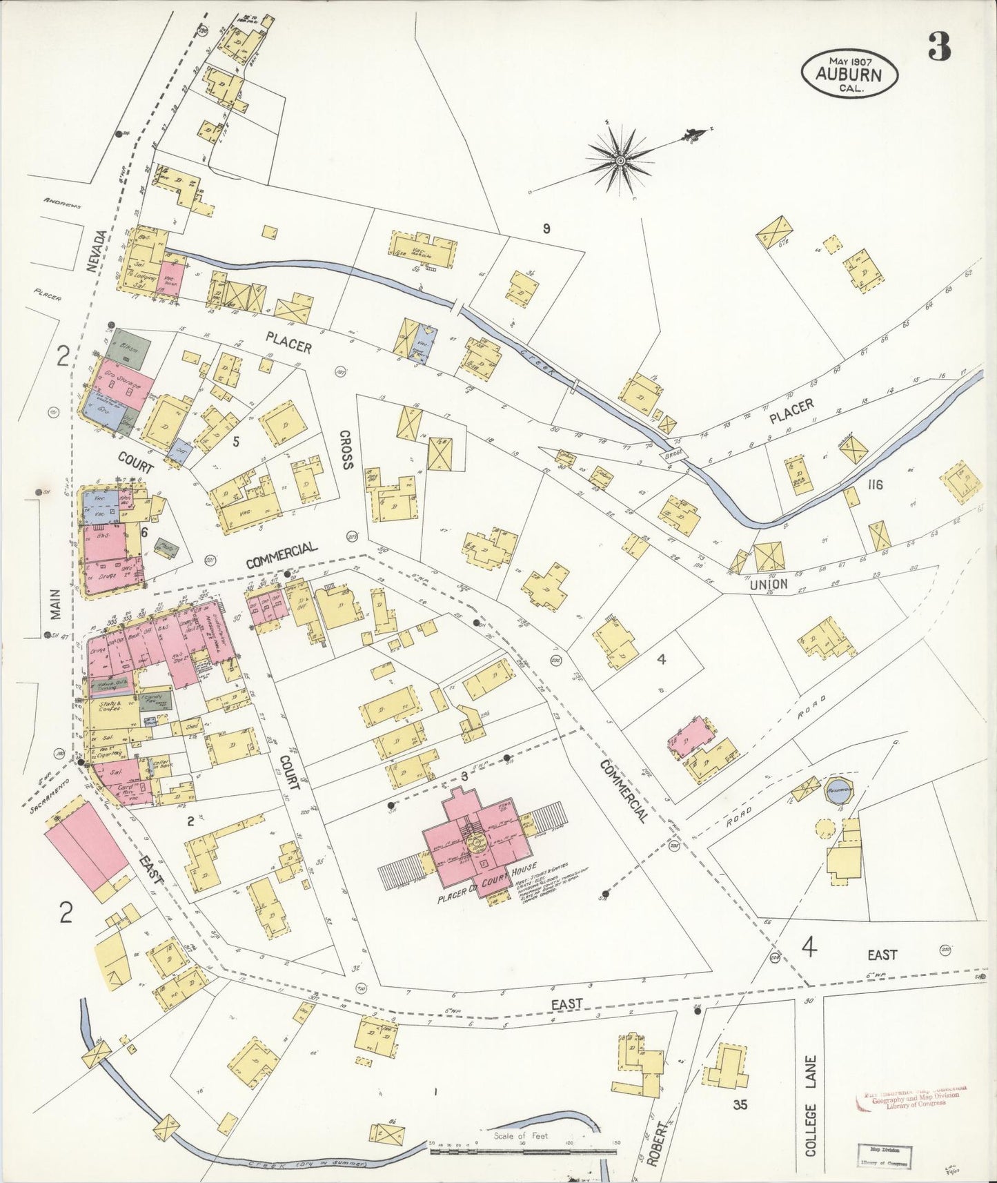 Sanborn Fire Insurance Map from Auburn, Placer County, California (1907), Sheet #0003 - Historic Sanborn Fire Insurance Map Print, vintage old map wall art, antique decor, genealogy gift, California California map