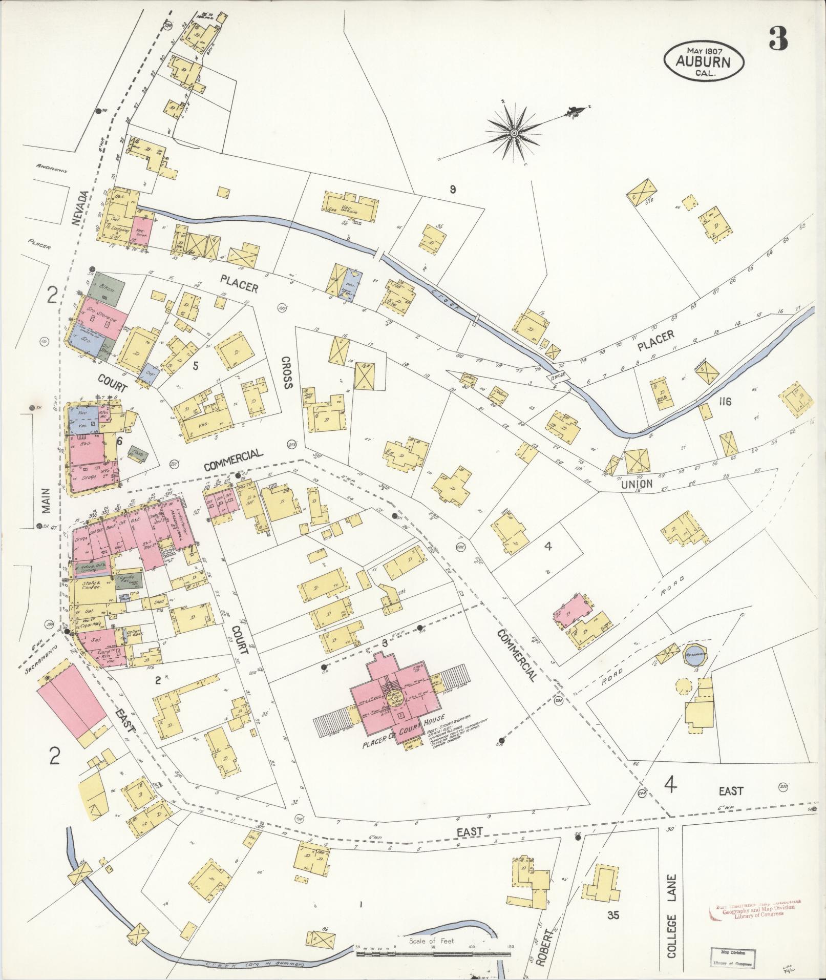 Sanborn Fire Insurance Map from Auburn, Placer County, California (1907), Sheet #0003 - Historic Sanborn Fire Insurance Map Print, vintage old map wall art, antique decor, genealogy gift, California California map