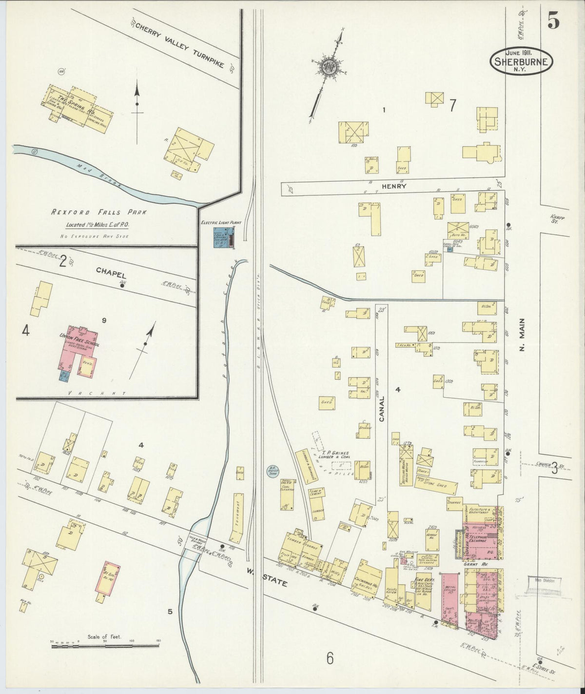 Sanborn Fire Insurance Map from Sherburne, Chenango County, New York (1911), Sheet #0005 - Historic Sanborn Fire Insurance Map Print, vintage old map wall art, antique decor, genealogy gift, New York New York map