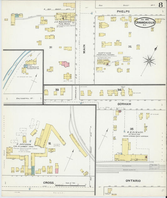 Sanborn Fire Insurance Map from Canandaigua, Ontario County, New York (1892), Sheet #0008 - Historic Sanborn Fire Insurance Map Print, vintage old map wall art, antique decor, genealogy gift, New York New York map