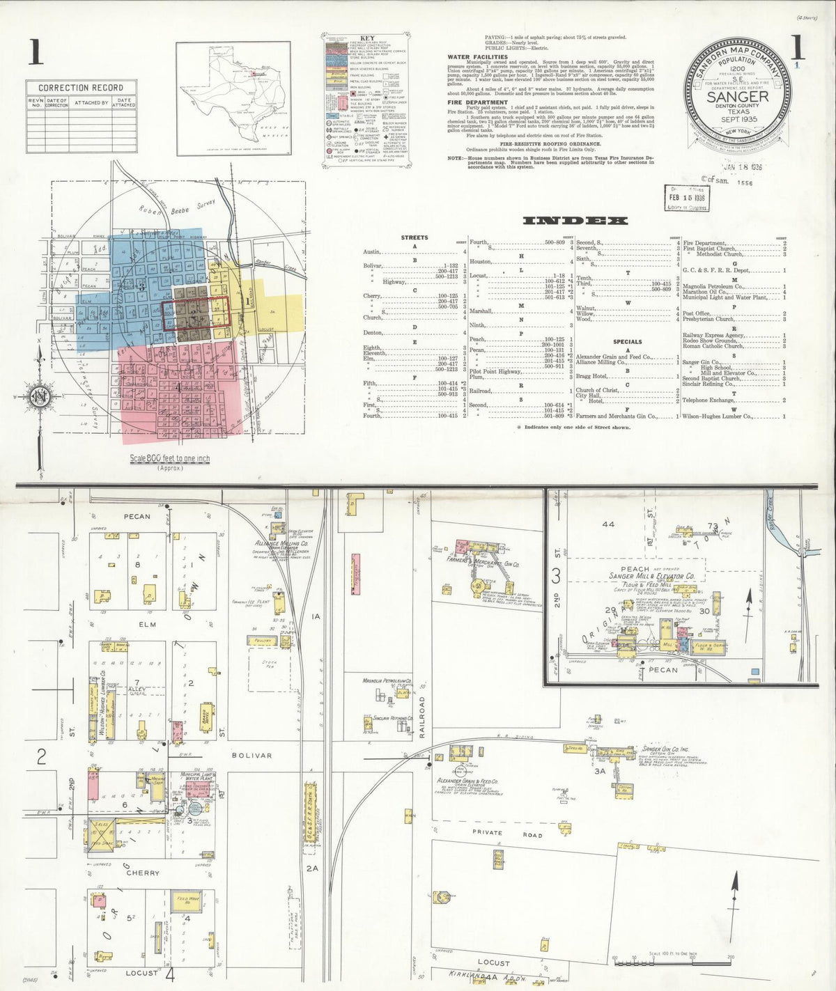 Sanborn Fire Insurance Map from Sanger, Denton County, Texas (1935), Sheet #0001 - Historic Sanborn Fire Insurance Map Print, vintage old map wall art, antique decor, genealogy gift, Texas Texas map