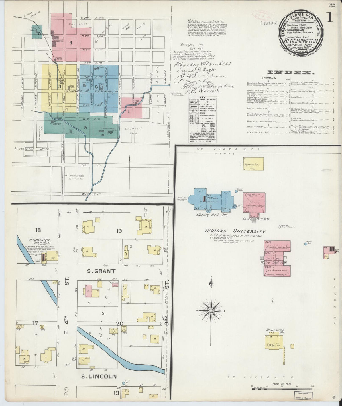 Sanborn Fire Insurance Map from Bloomington, Monroe County, Indiana (1892), Sheet #0001 - Historic Sanborn Fire Insurance Map Print, vintage old map wall art, antique decor, genealogy gift, Indiana Indiana map