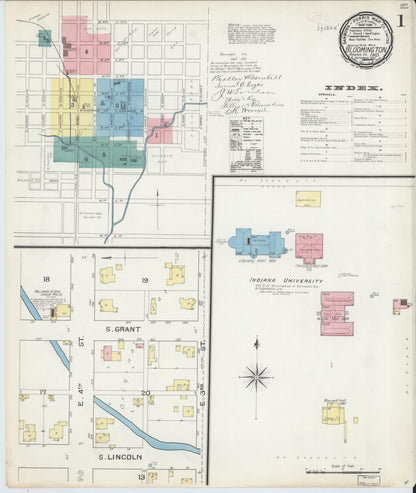 Sanborn Fire Insurance Map from Bloomington, Monroe County, Indiana (1892), Sheet #0001 - Historic Sanborn Fire Insurance Map Print, vintage old map wall art, antique decor, genealogy gift, Indiana Indiana map