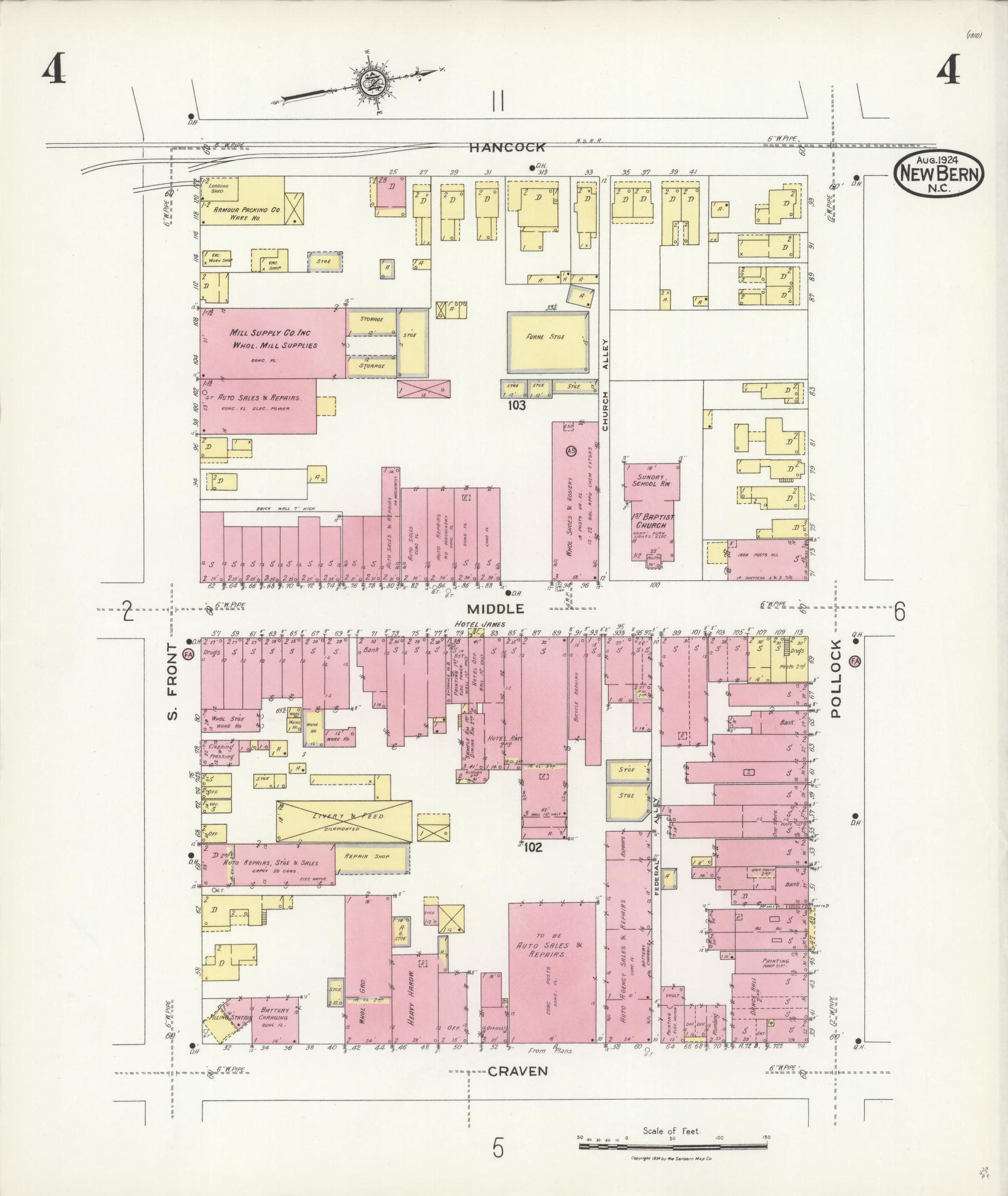 Sanborn Fire Insurance Map from New Bern, Craven County, North Carolina (1924), Sheet #0004 - Complete Map Set gallery image, historic Sanborn map, vintage wall art, North Carolina North Carolina