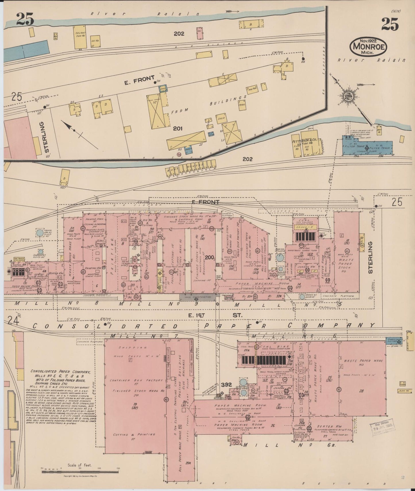 Sanborn Fire Insurance Map from Monroe, Monroe County, Michigan (1922), Sheet #0025 - Historic Sanborn Fire Insurance Map Print, vintage old map wall art, antique decor, genealogy gift, Michigan Michigan map