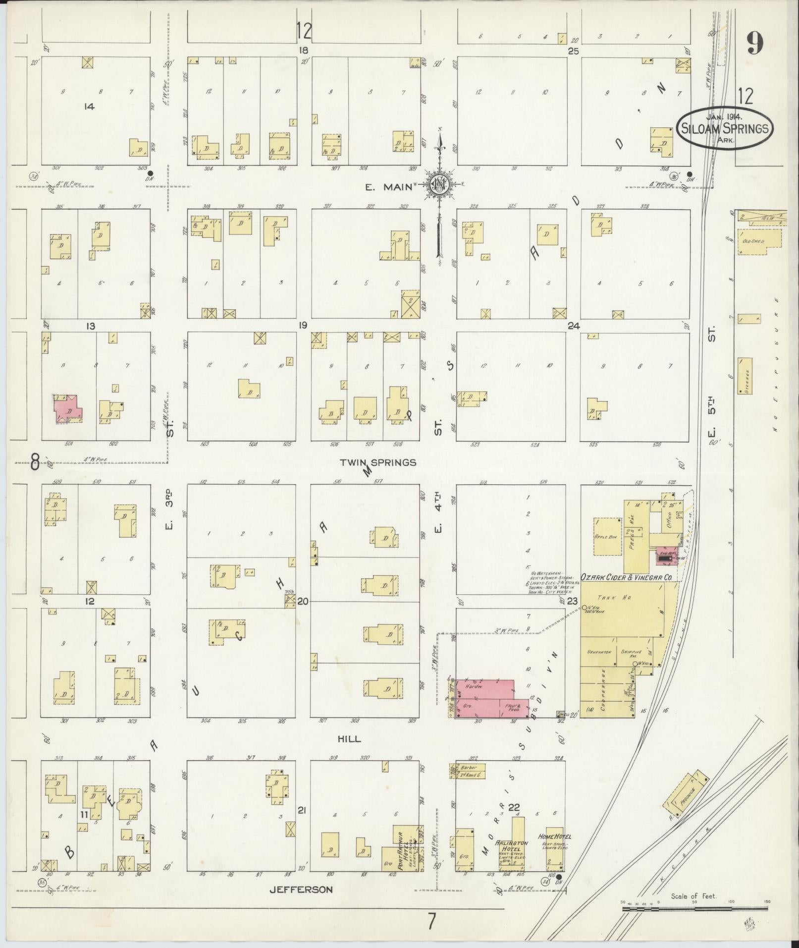 Sanborn Fire Insurance Map from Siloam Springs, Benton County, Arkansas (1914), Sheet #0009 - Complete Map Set gallery image, historic Sanborn map, vintage wall art, Arkansas Arkansas