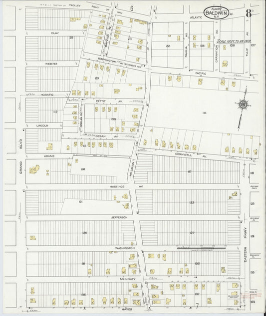 Sanborn Fire Insurance Map from Baldwin, Nassau County, New York (1917), Sheet #0008 - Historic Sanborn Fire Insurance Map Print, vintage old map wall art, antique decor, genealogy gift, New York New York map