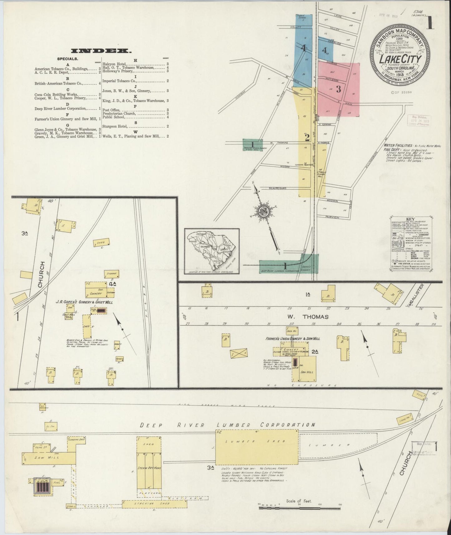 Sanborn Fire Insurance Map from Lake City, Florence County, South Carolina (1913), Sheet #0001 - Complete Map Set gallery image, historic Sanborn map, vintage wall art, South Carolina South Carolina