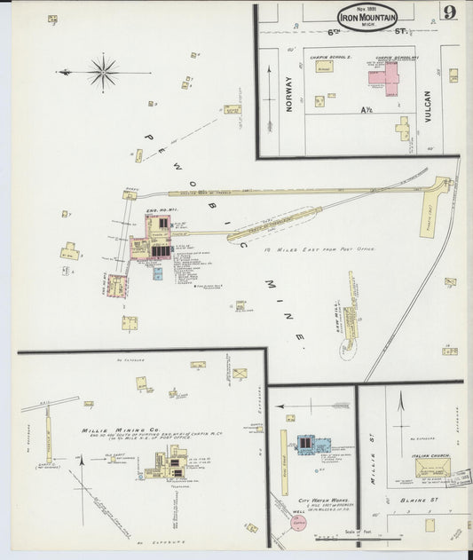 Sanborn Fire Insurance Map from Iron Mountain, Dickinson County, Michigan (1891), Sheet #0009 - Historic Sanborn Fire Insurance Map Print, vintage old map wall art, antique decor, genealogy gift, Michigan Michigan map