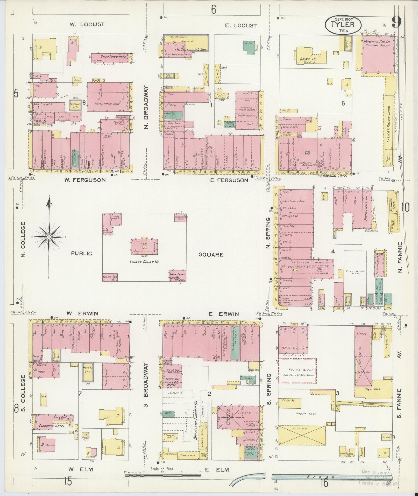 Sanborn Fire Insurance Map from Tyler, Smith County, Texas (1907), Sheet #0009 - Complete Map Set gallery image, historic Sanborn map, vintage wall art, Texas Texas