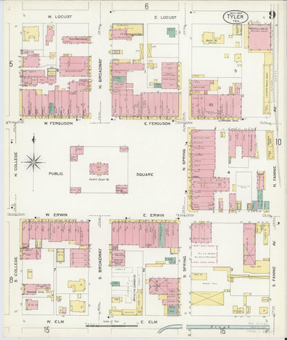 Sanborn Fire Insurance Map from Tyler, Smith County, Texas (1907), Sheet #0009 - Complete Map Set gallery image, historic Sanborn map, vintage wall art, Texas Texas