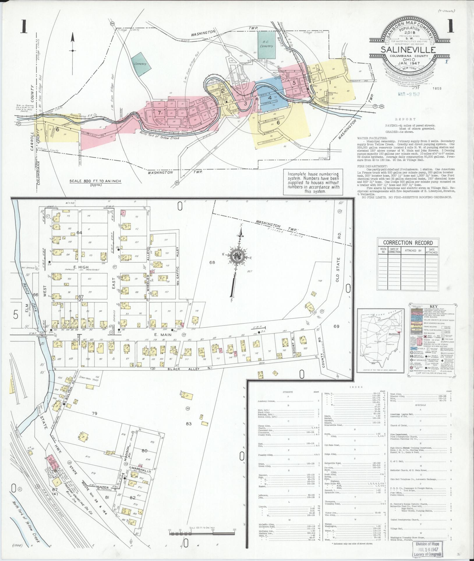 Sanborn Fire Insurance Map from Salineville, Columbiana County, Ohio (1947), Sheet #0001 - Historic Sanborn Fire Insurance Map Print, vintage old map wall art, antique decor, genealogy gift, Ohio Ohio map