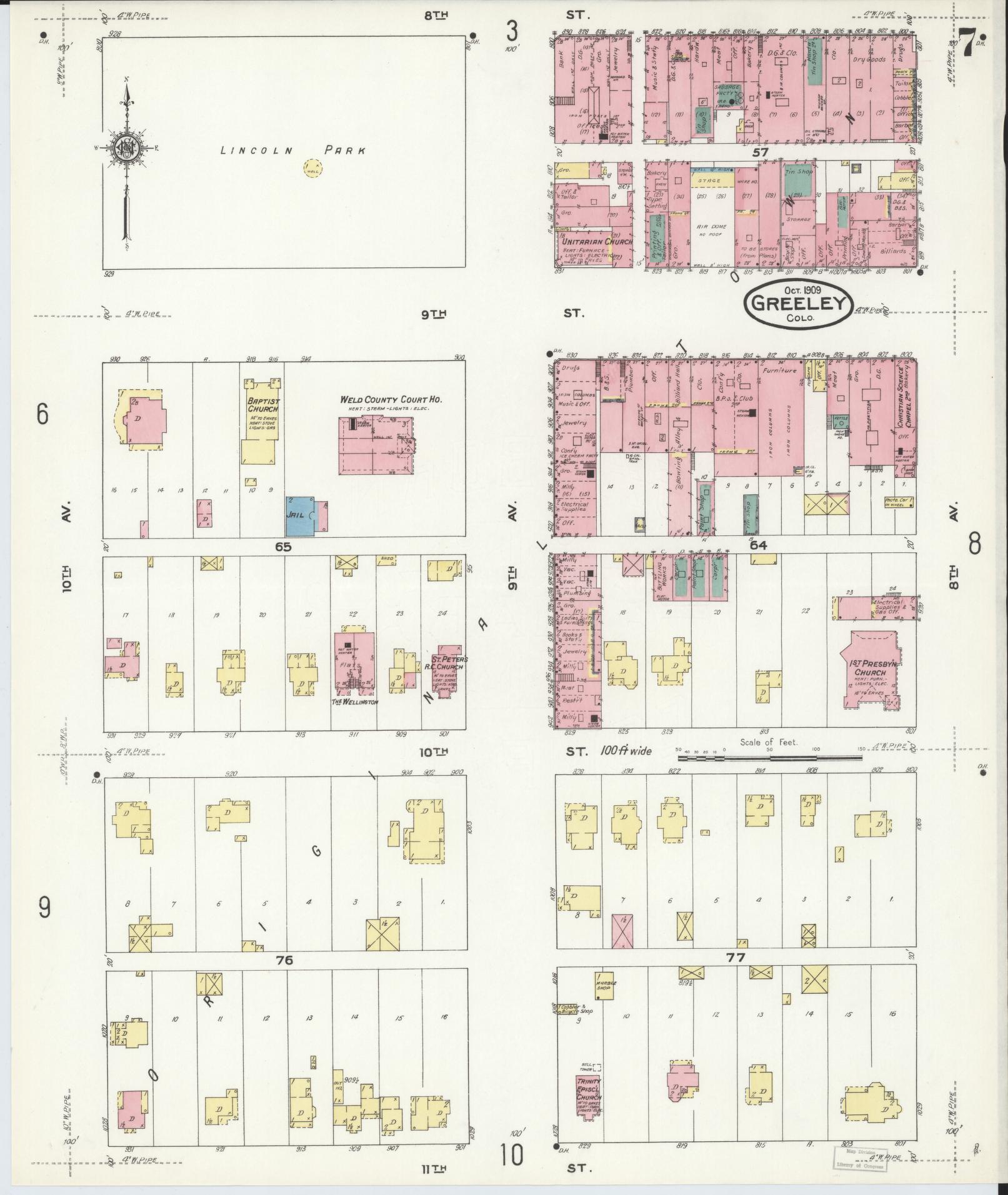 Sanborn Fire Insurance Map from Greeley, Weld County, Colorado (1909), Sheet #0007 - Historic Sanborn Fire Insurance Map Print, vintage old map wall art, antique decor, genealogy gift, Colorado Colorado map