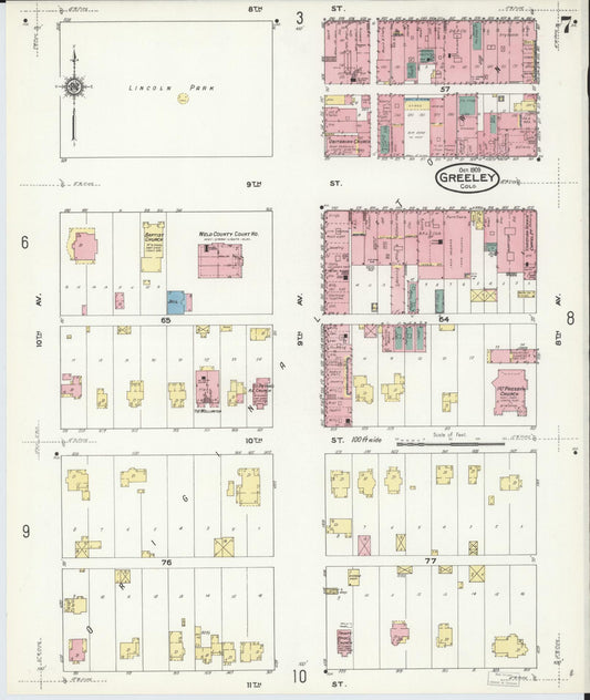 Sanborn Fire Insurance Map from Greeley, Weld County, Colorado (1909), Sheet #0007 - Historic Sanborn Fire Insurance Map Print, vintage old map wall art, antique decor, genealogy gift, Colorado Colorado map