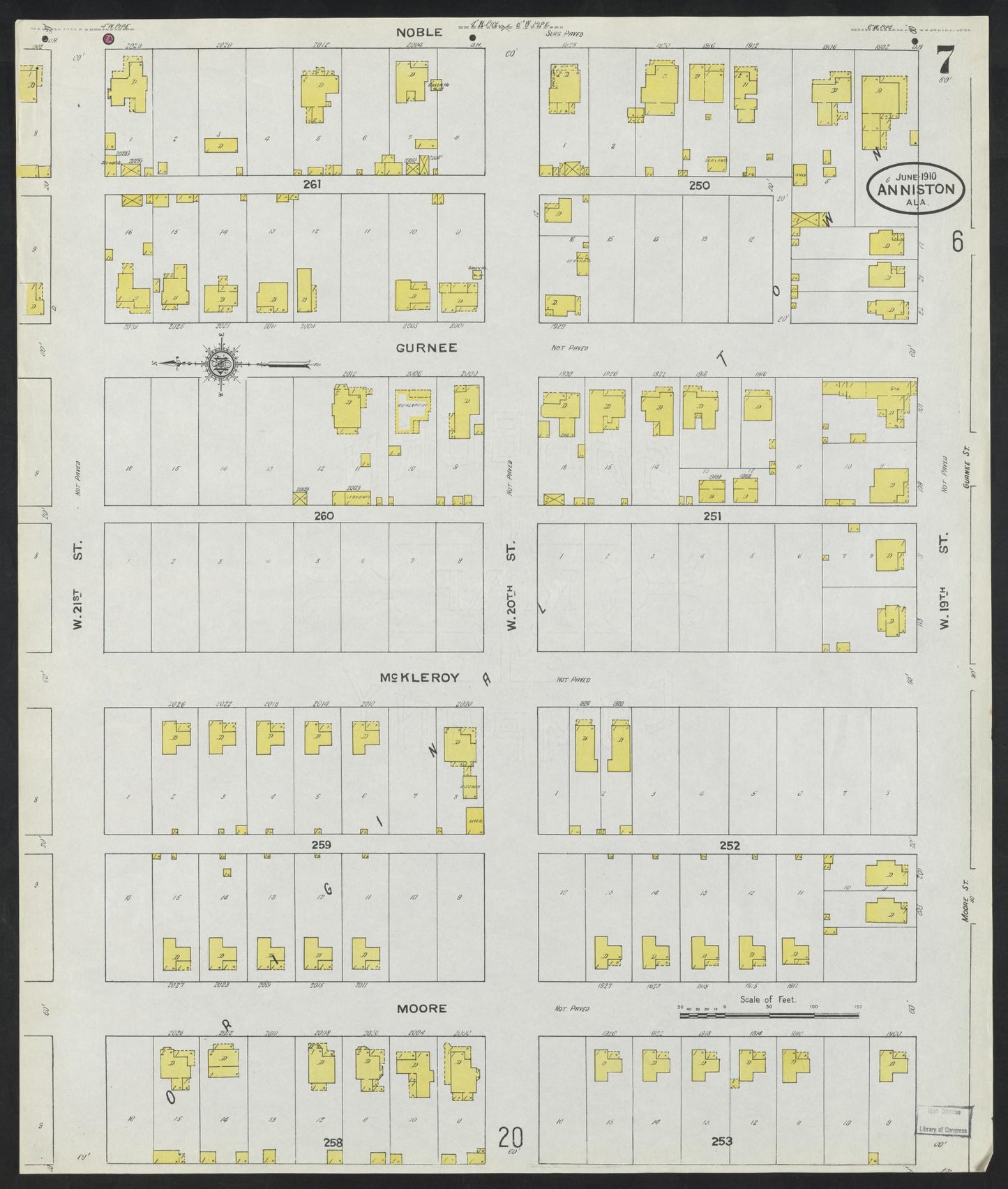 Sanborn Fire Insurance Map from Anniston, Calhoun County, Alabama (1910), Sheet #0007 - Historic Sanborn Fire Insurance Map Print, vintage old map wall art, antique decor, genealogy gift, Alabama Alabama map