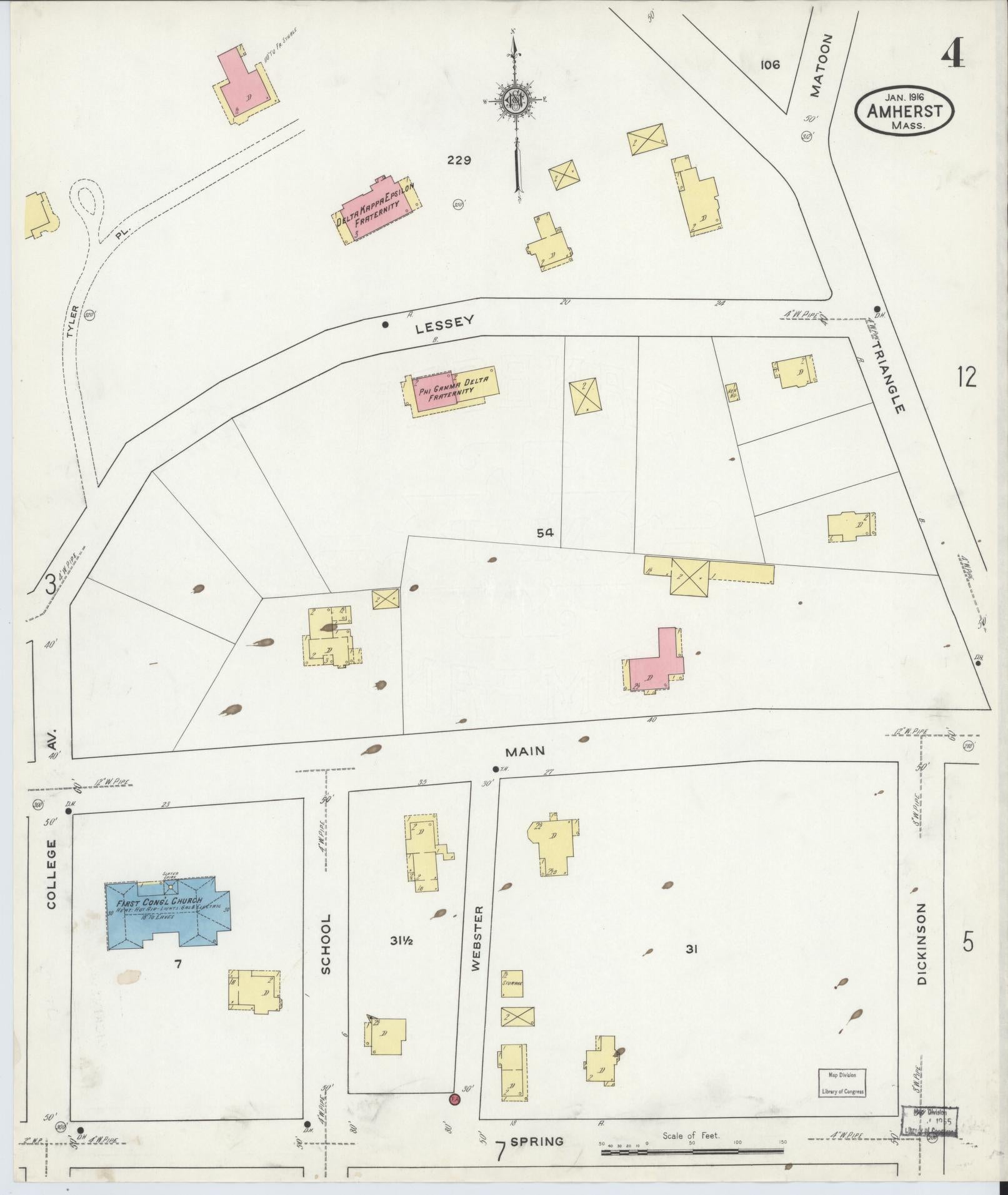 Sanborn Fire Insurance Map from Amherst, Hampshire County, Massachusetts (1916), Sheet #0004 - Complete Map Set gallery image, historic Sanborn map, vintage wall art, Massachusetts Massachusetts