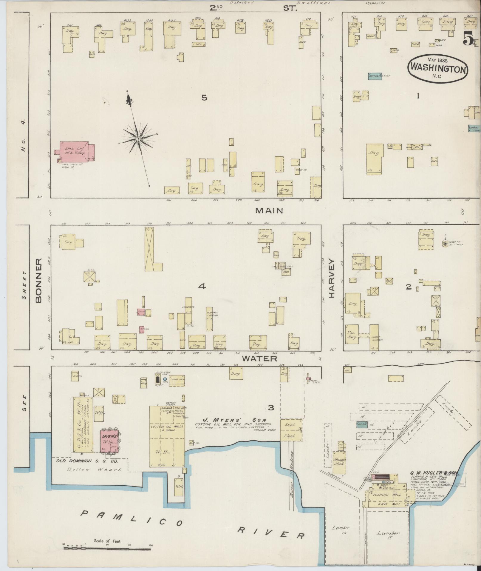 Sanborn Fire Insurance Map from Washington, Beaufort County, North Carolina (1885), Sheet #0005 - Historic Sanborn Fire Insurance Map Print, vintage old map wall art, antique decor, genealogy gift, Washington Washington map