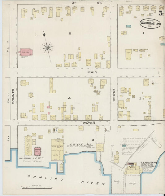 Sanborn Fire Insurance Map from Washington, Beaufort County, North Carolina (1885), Sheet #0005 - Historic Sanborn Fire Insurance Map Print, vintage old map wall art, antique decor, genealogy gift, Washington Washington map