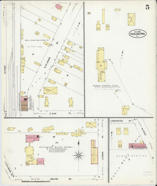 Sanborn Fire Insurance Map from Highland Park, Lake County, Illinois (1907), Sheet #0005 - Historic Sanborn Fire Insurance Map Print, vintage old map wall art, antique decor, genealogy gift, Illinois Illinois map