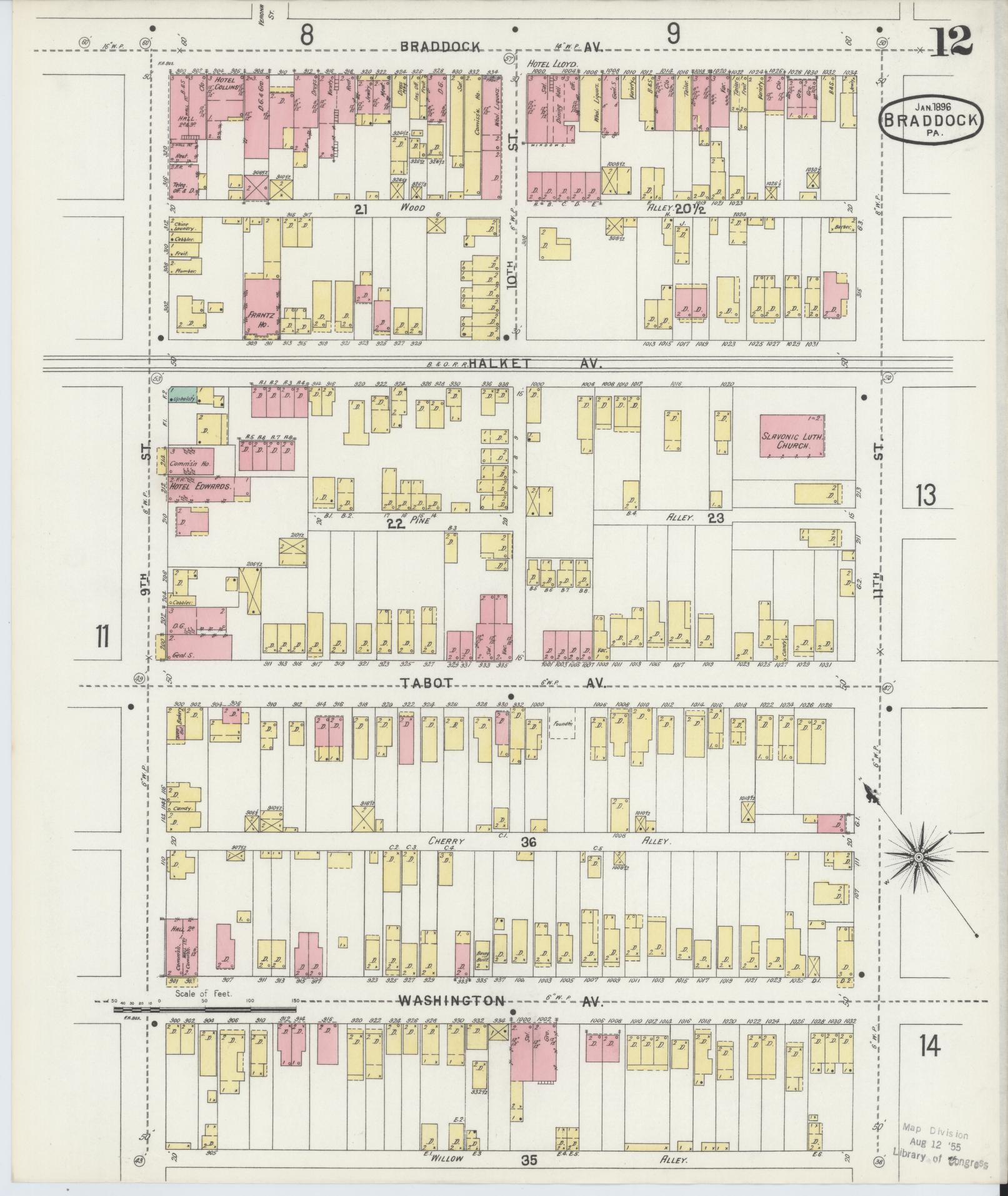 Sanborn Fire Insurance Map from Braddock, Allegheny County, Pennsylvania (1896), Sheet #0012 - Historic Sanborn Fire Insurance Map Print, vintage old map wall art, antique decor, genealogy gift, Pennsylvania Pennsylvania map