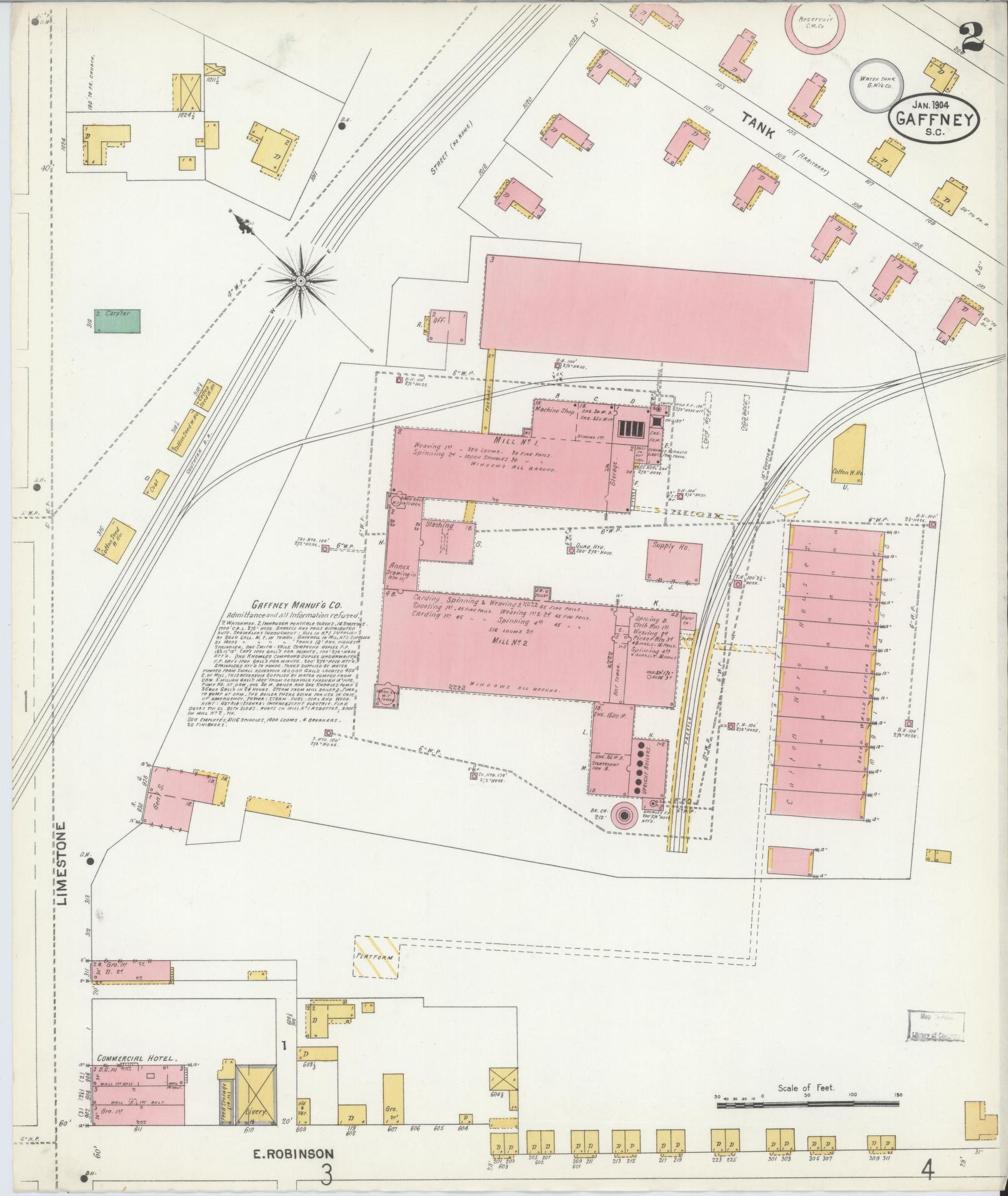 Sanborn Fire Insurance Map from Gaffney, Cherokee County, South Carolina (1904), Sheet #0002 - Historic Sanborn Fire Insurance Map Print, vintage old map wall art, antique decor, genealogy gift, South Carolina South Carolina map