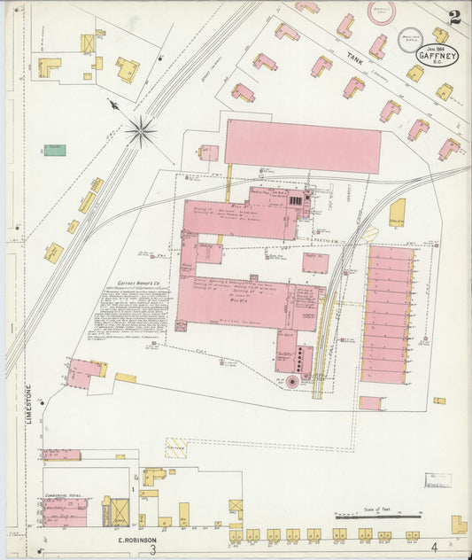Sanborn Fire Insurance Map from Gaffney, Cherokee County, South Carolina (1904), Sheet #0002 - Historic Sanborn Fire Insurance Map Print, vintage old map wall art, antique decor, genealogy gift, South Carolina South Carolina map