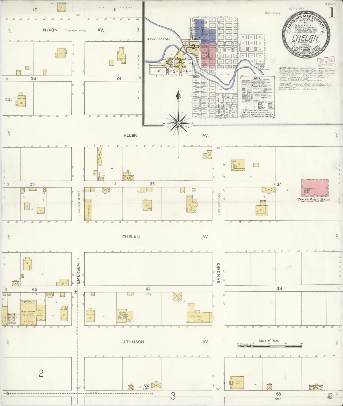 Sanborn Fire Insurance Map from Chelan, Chelan County, Washington (1909), Sheet #0001 - Historic Sanborn Fire Insurance Map Print, vintage old map wall art, antique decor, genealogy gift, Washington Washington map