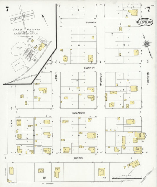 Sanborn Fire Insurance Map from Cleveland, Liberty County, Texas (1926), Sheet #0007 - Historic Sanborn Fire Insurance Map Print, vintage old map wall art, antique decor, genealogy gift, Texas Texas map