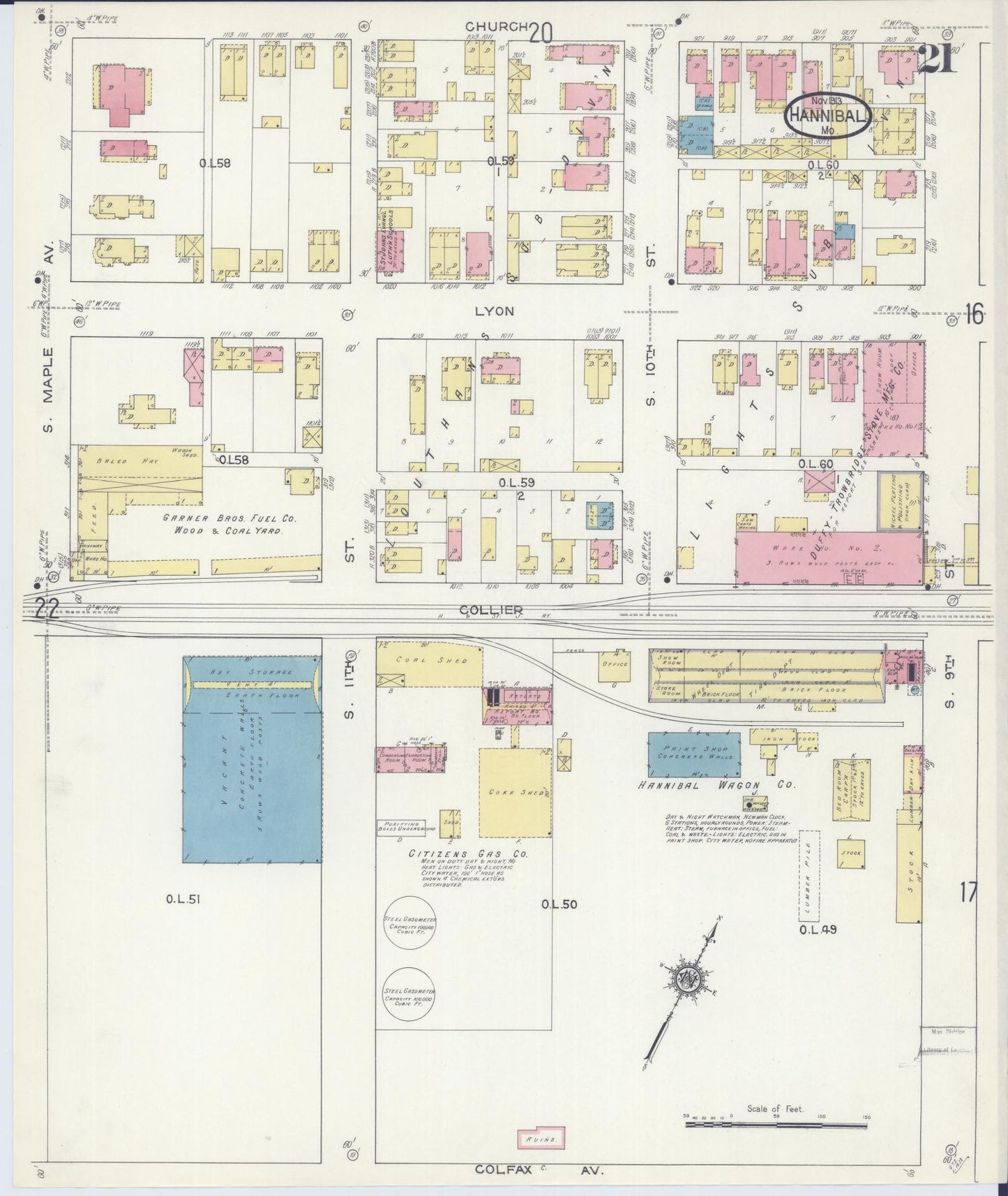 Sanborn Fire Insurance Map from Hannibal, Marion County, Missouri (1913), Sheet #0021 - Complete Map Set gallery image, historic Sanborn map, vintage wall art, Missouri Missouri