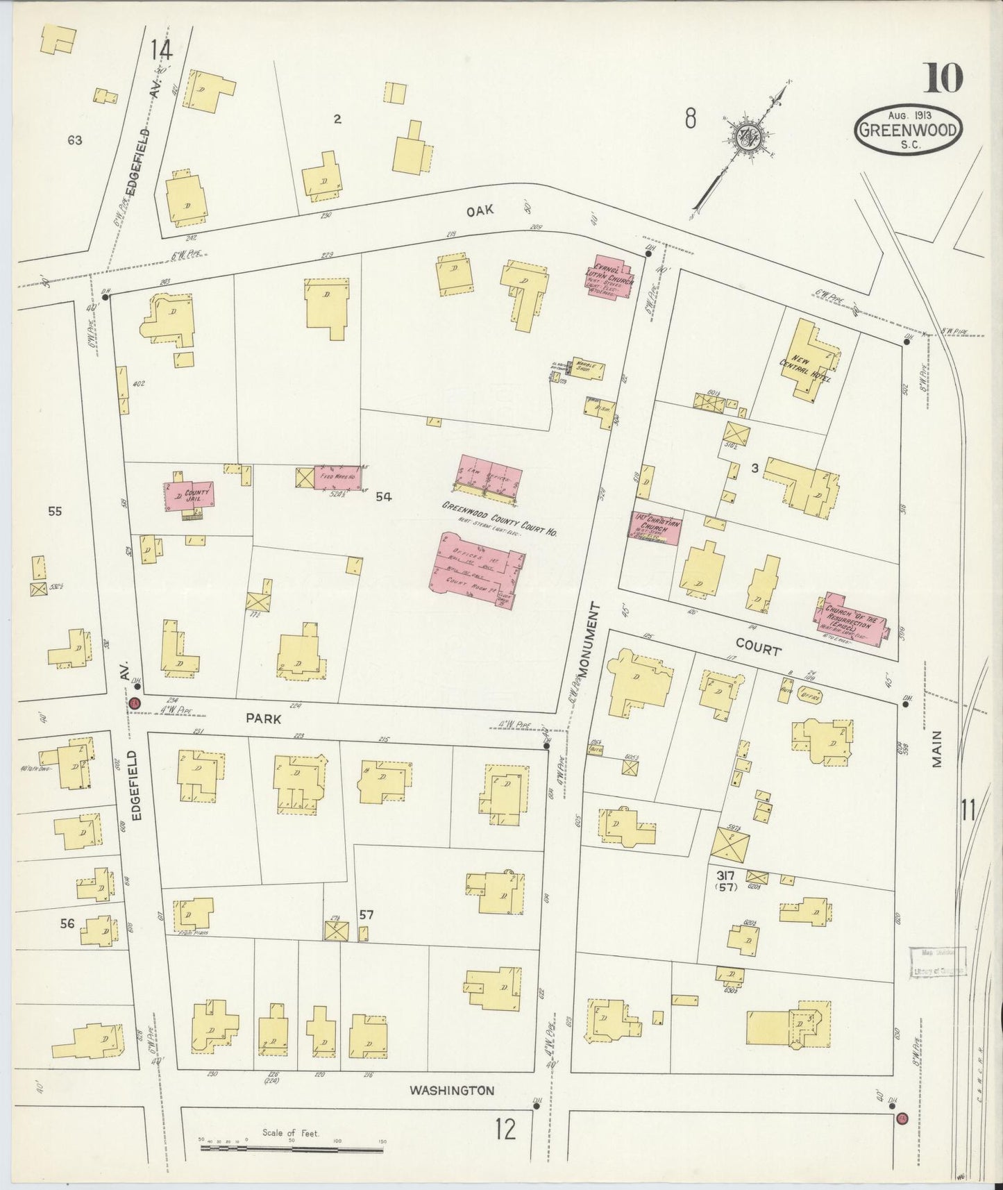 Sanborn Fire Insurance Map from Greenwood, Greenwood County, South Carolina (1913), Sheet #0010 - Complete Map Set gallery image, historic Sanborn map, vintage wall art, South Carolina South Carolina