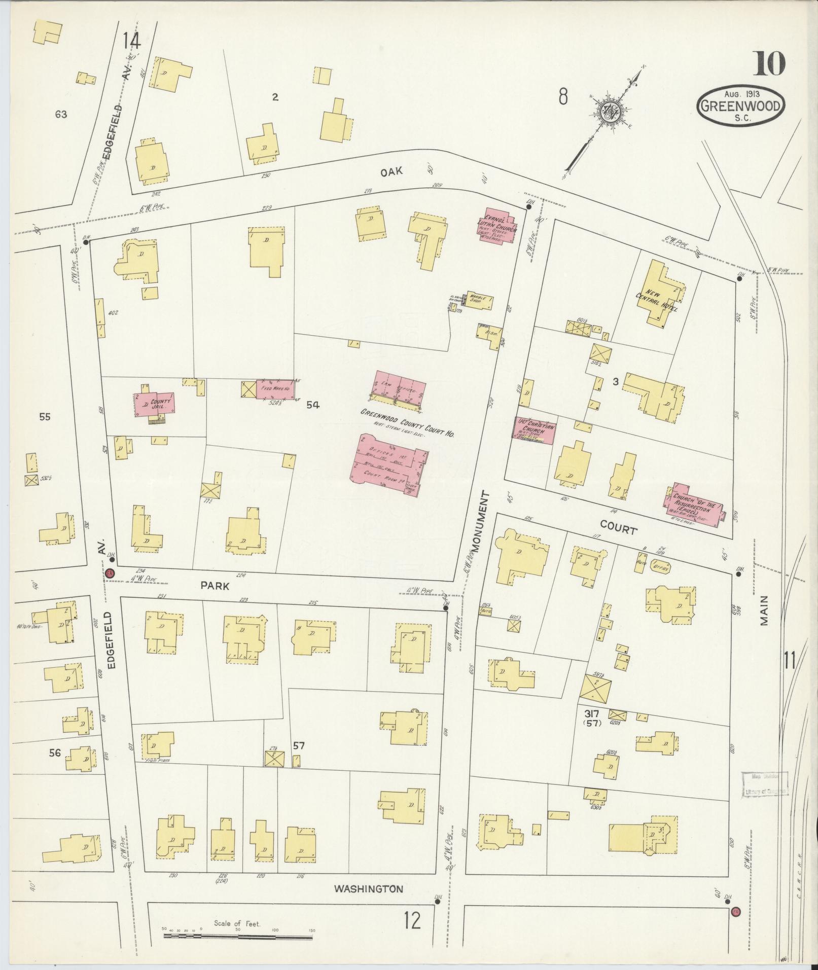 Sanborn Fire Insurance Map from Greenwood, Greenwood County, South Carolina (1913), Sheet #0010 - Complete Map Set gallery image, historic Sanborn map, vintage wall art, South Carolina South Carolina
