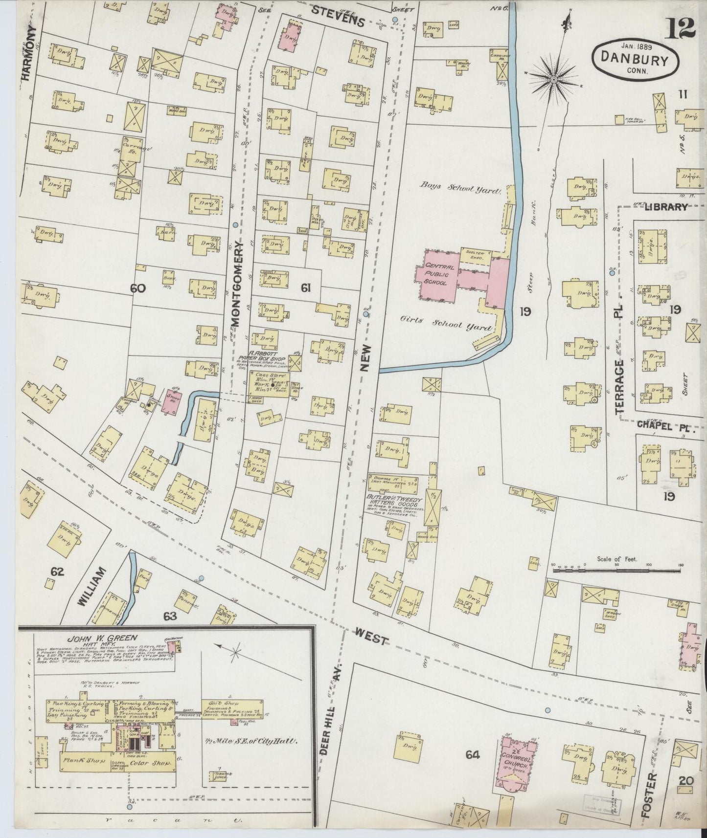 Sanborn Fire Insurance Map from Danbury, Fairfield County, Connecticut (1889), Sheet #0012 - Complete Map Set gallery image, historic Sanborn map, vintage wall art, Connecticut Connecticut