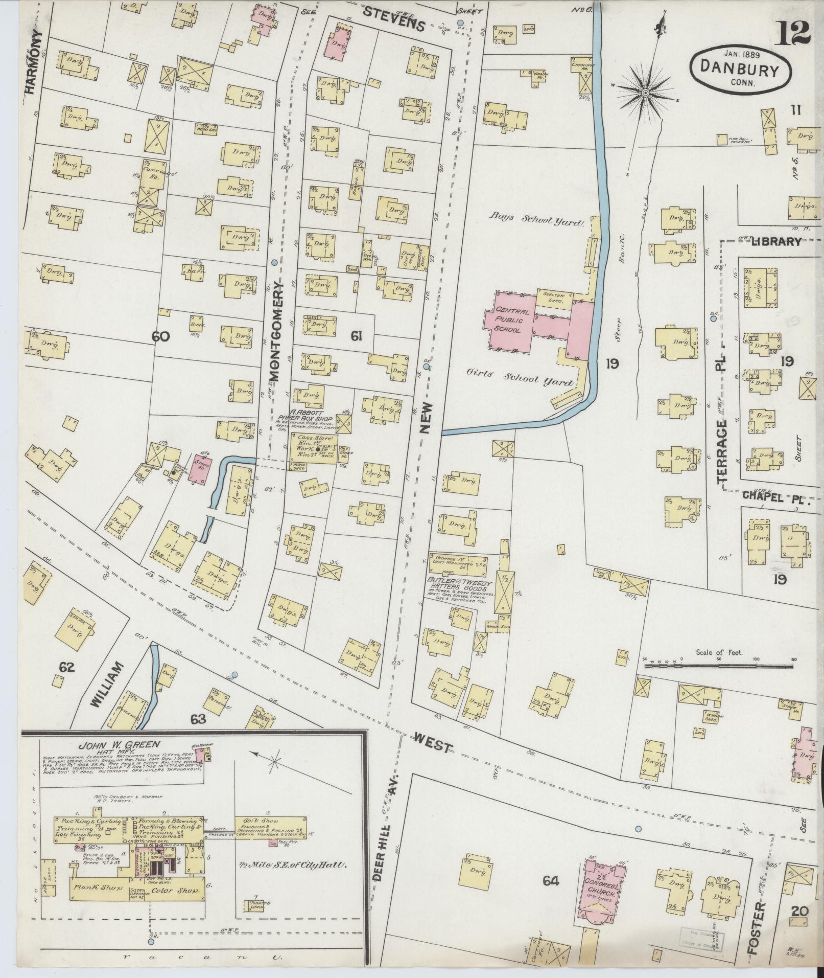 Sanborn Fire Insurance Map from Danbury, Fairfield County, Connecticut (1889), Sheet #0012 - Complete Map Set gallery image, historic Sanborn map, vintage wall art, Connecticut Connecticut