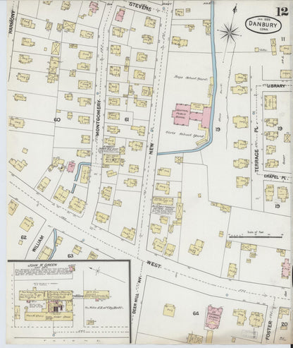 Sanborn Fire Insurance Map from Danbury, Fairfield County, Connecticut (1889), Sheet #0012 - Complete Map Set gallery image, historic Sanborn map, vintage wall art, Connecticut Connecticut