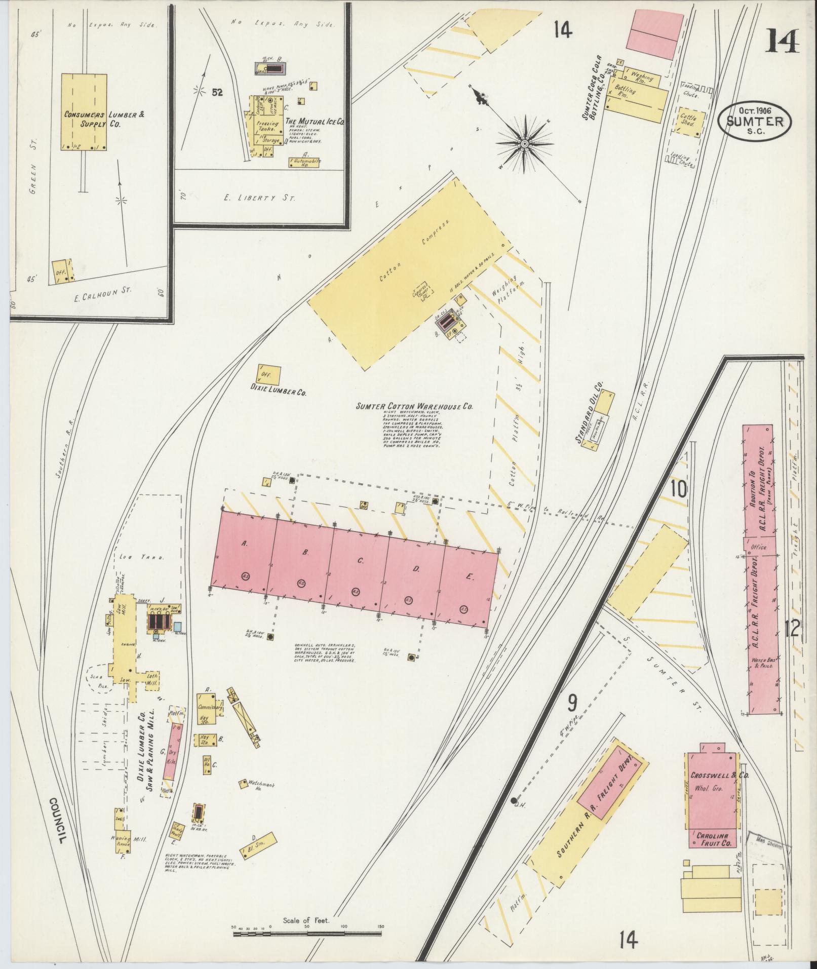 Sanborn Fire Insurance Map from Sumter, Sumter County, South Carolina (1906), Sheet #0014 - Historic Sanborn Fire Insurance Map Print, vintage old map wall art, antique decor, genealogy gift, South Carolina South Carolina map