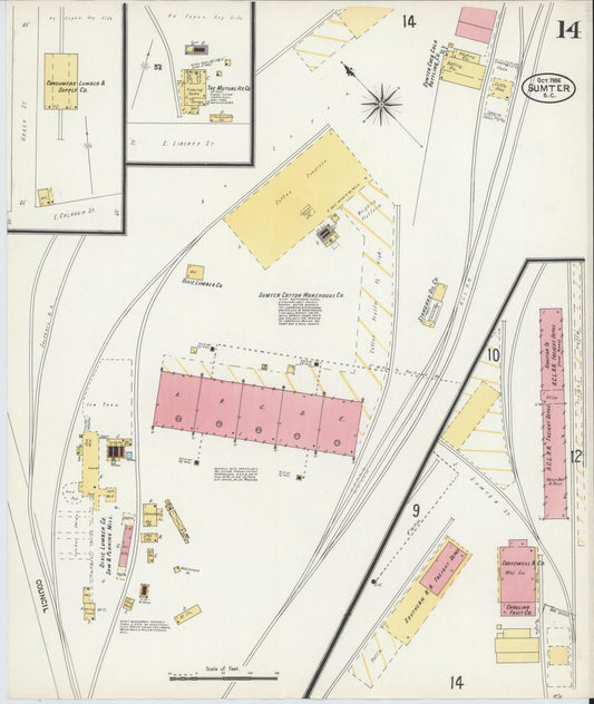 Sanborn Fire Insurance Map from Sumter, Sumter County, South Carolina (1906), Sheet #0014 - Historic Sanborn Fire Insurance Map Print, vintage old map wall art, antique decor, genealogy gift, South Carolina South Carolina map