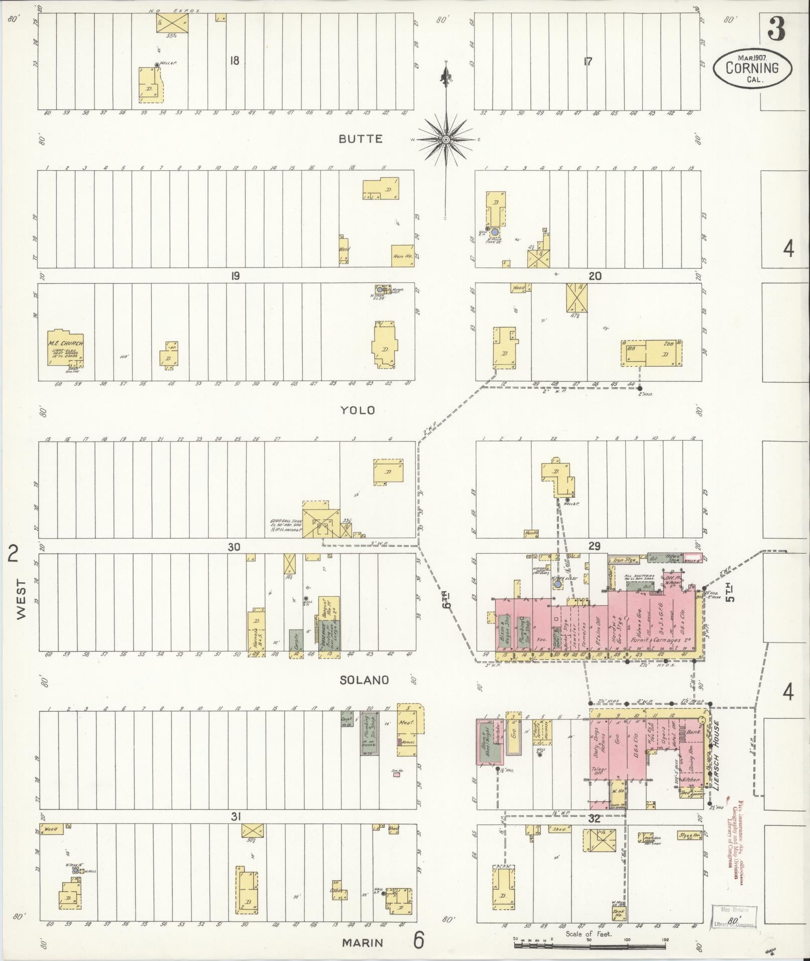 Sanborn Fire Insurance Map from Corning, Tehama County, California (1907), Sheet #0003 - Complete Map Set gallery image, historic Sanborn map, vintage wall art, California California