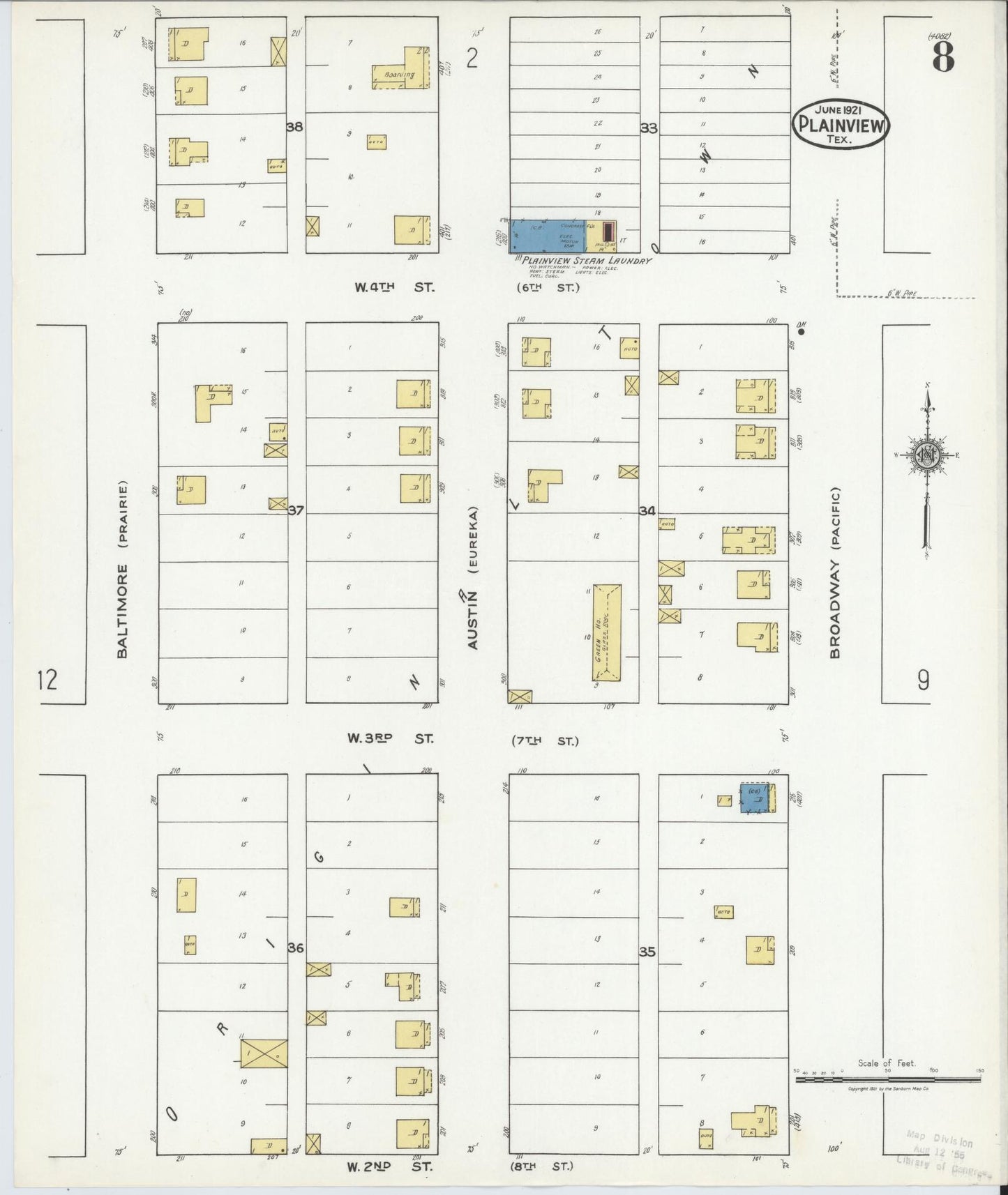 Sanborn Fire Insurance Map from Plainview, Hale County, Texas (1921), Sheet #0008 - Complete Map Set gallery image, historic Sanborn map, vintage wall art, Texas Texas